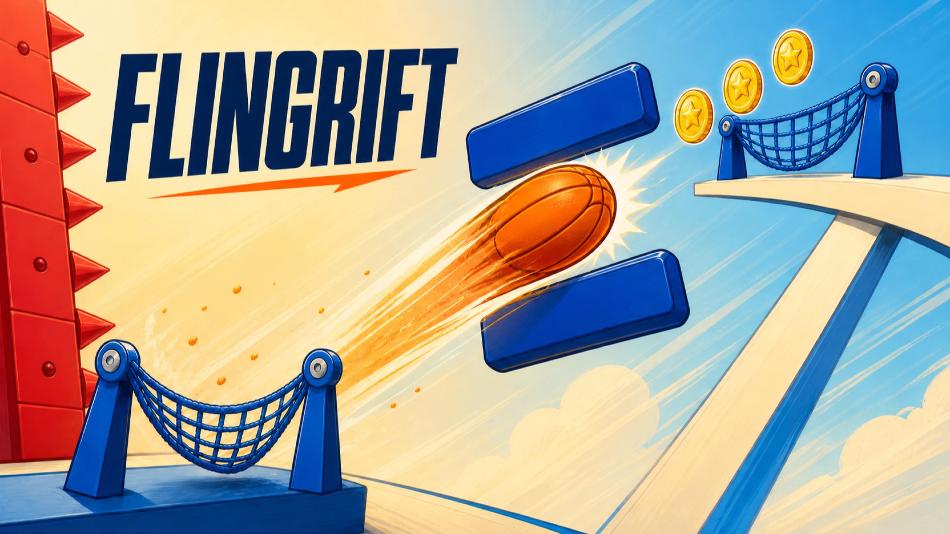 An orange Flingrift core launches from a blue net toward a second net through a mechanical obstacle course.